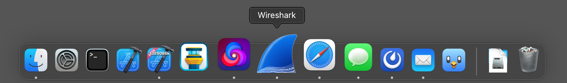 The wireshark icon floating through my macOS Dock